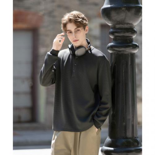 唐狮2026秋季新款长袖T恤男肌理亨利领纽扣圆领宽松上衣男内搭潮t