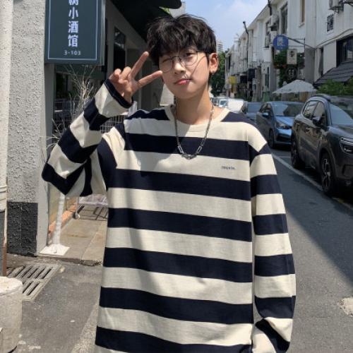 唐狮2026秋季新款条纹长袖T恤男圆领宽松黑白休闲上衣设计感潮流