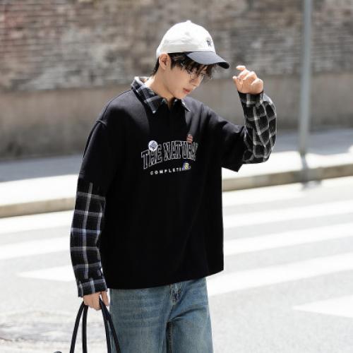 唐狮男款长袖polo2026春秋新款假两件字母印花设计感独特翻领上衣