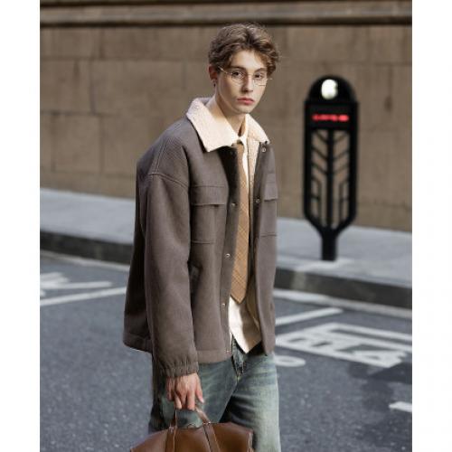 唐狮2026秋冬季外套男翻领工装口袋加厚休闲风拼接仿羊羔领外套潮