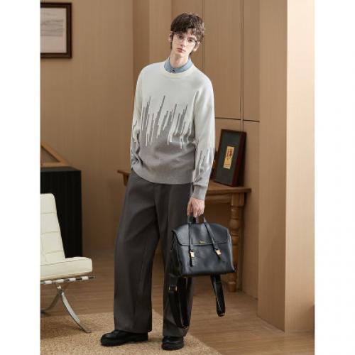 （小灯塔勿上）唐狮2025新款秋冬季毛衣男士圆领套头撞色拼接灰色