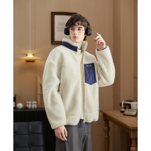 唐狮2026秋冬季新款男士仿羔毛外套短款立领拼接加厚保暖休闲风