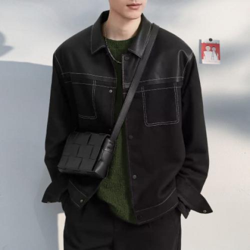 唐狮2025秋冬男衬衫领异材质拼接撞色外套衬衣男士秋冬衬衫长袖