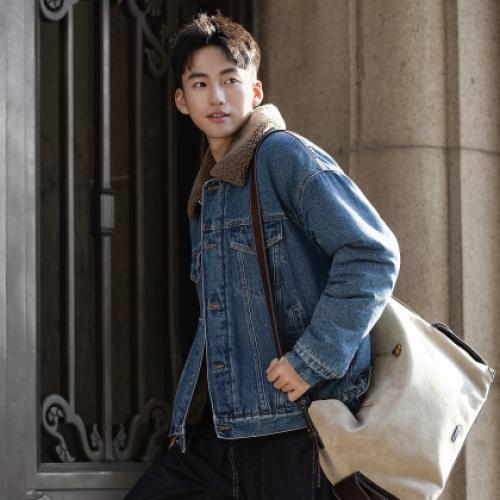 唐狮2026秋冬新款外套男仿羔毛领拼接宽松复古牛仔外套休闲风百搭