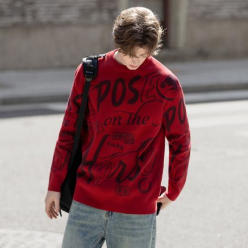 唐狮2026秋冬情侣同码圆领满印大文字图案毛线衫休闲宽松百搭