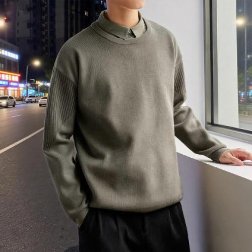 唐狮2026秋冬季毛衣男假两件翻领潮流毛线衫时尚宽松简约风设计感