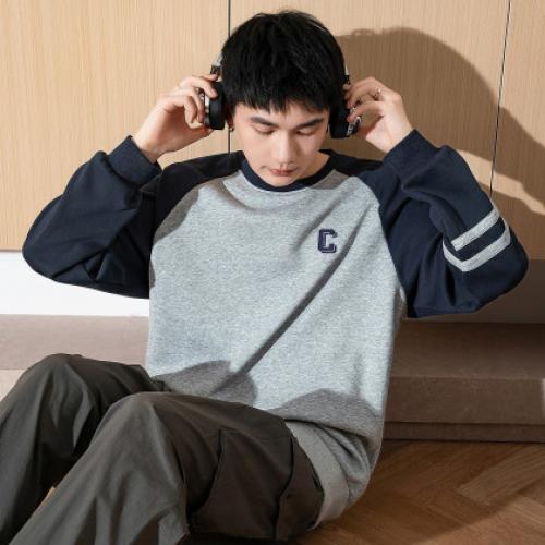 唐狮2026秋冬男圆领加绒卫衣插肩袖休闲简约宽松流行日常百搭