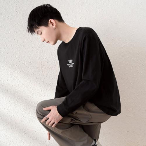 唐狮春季新款纯色长袖T恤男纯棉百搭宽松简约打底衫上衣服潮t