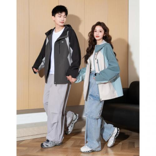 唐狮春秋新款情侣外套男女连帽拼接撞色宽松夹克宽松休闲上衣