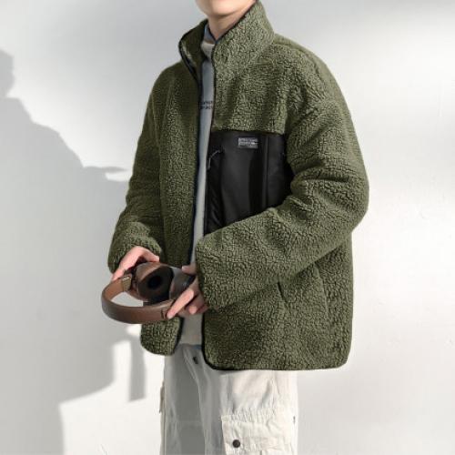 唐狮2026秋冬季新款仿羊羔毛外套男拼接短款立领宽松加厚保暖夹克