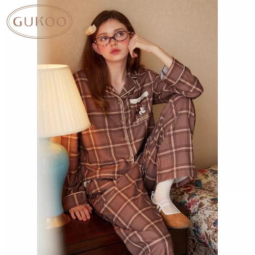 Gukoo/果壳睡衣女春秋款迪士尼联名新款格子简约女士家居服套装C