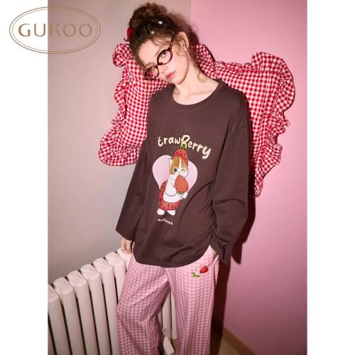 Gukoo/果壳睡衣女春秋款鲨鱼猫联名新款可爱宽松女士家居服套装C