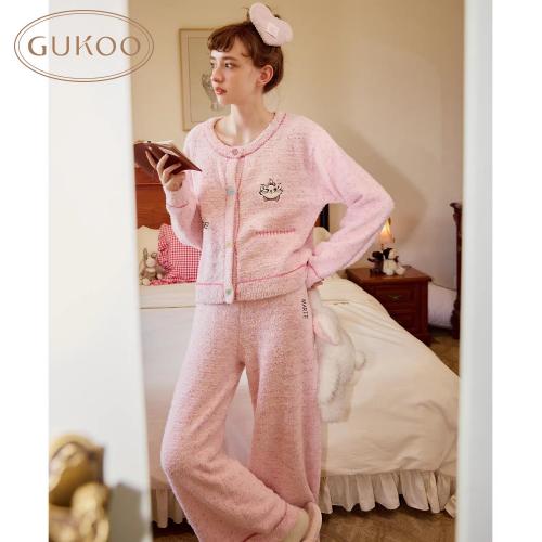 Gukoo/果壳睡衣女冬季半边绒保暖新款迪士尼联名甜美家居服套装D
