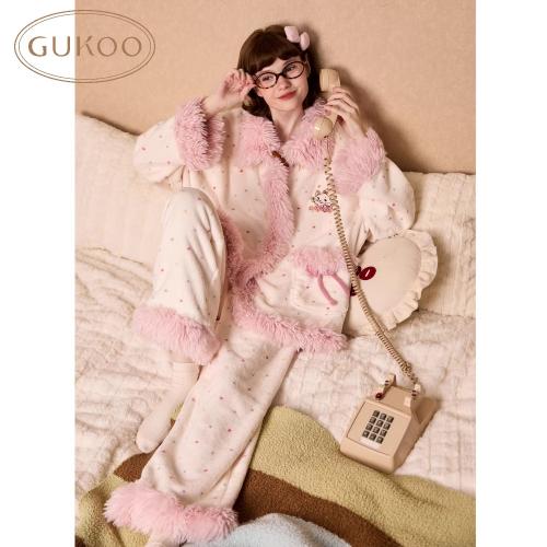 Gukoo/果壳睡衣冬季毛绒保暖新款迪士尼毛毛领女士家居服套装D