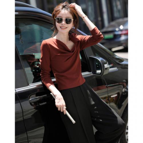 【法韵都市】秋季气质名媛不对称斜领褶皱修身云朵棉舒弹女式t恤