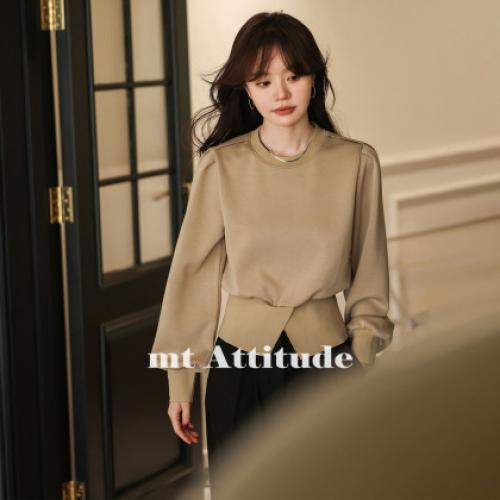 【韩版加绒廓形】2025冬空气层泡泡袖下摆开叉圆领卫衣