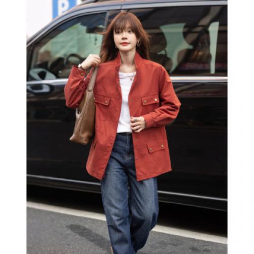 【自由新风】秋季复古风纯棉立领口袋舒适宽松中长款女式风衣外套