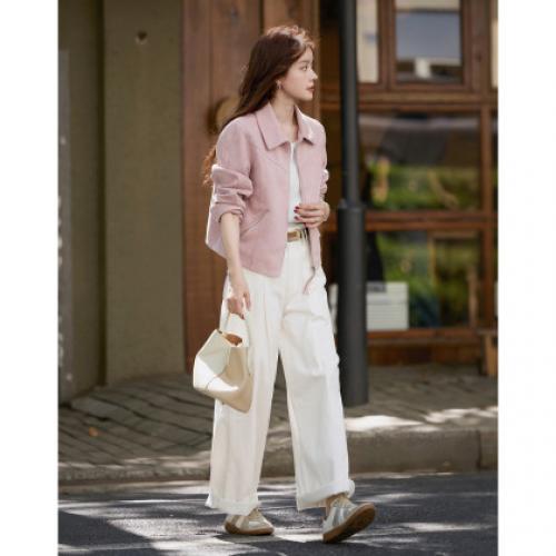 【雾野玫瑰】秋季甜酷风麂皮绒翻领拉链宽松加厚短款女式夹克外套