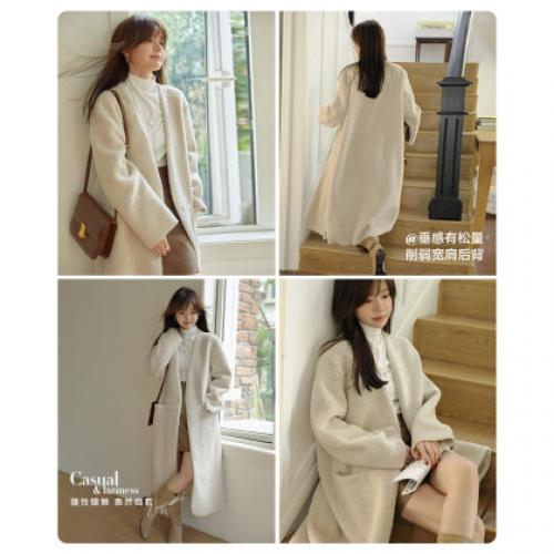 【经典气质大衣】秋款显瘦V领简约松弛感仿羊羔毛外套女