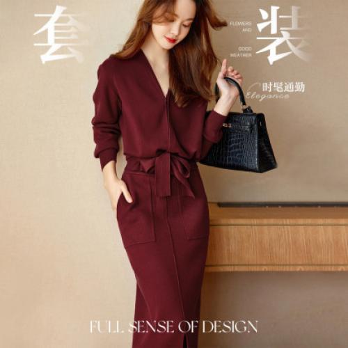 【爱乐之城】秋气质名媛风套装V领系带上衣开叉半裙女式两件套