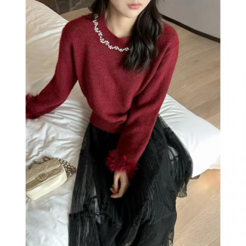 【点亮优雅姿态】2025冬气质珍珠装饰圆领线衫含绵羊毛针织衫女上衣