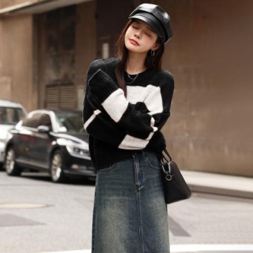 【条纹织律】冬季复古撞色条纹圆领线衫含绵羊毛舒适针织衫女上衣