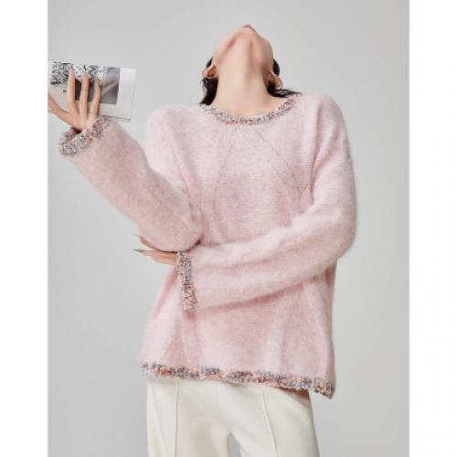 【香风针织】2025冬轻奢圆领撞色边线衫气质舒适含羊毛针织衫女上衣