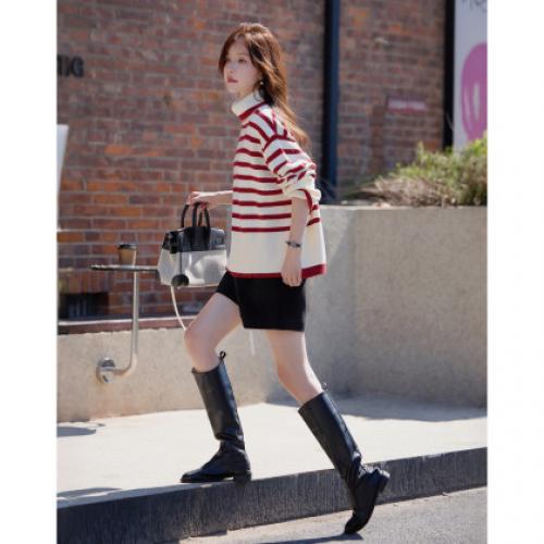 【悠享柔暖】2025冬简约撞色条纹高领线衫舒适软糯慵懒针织衫女上衣