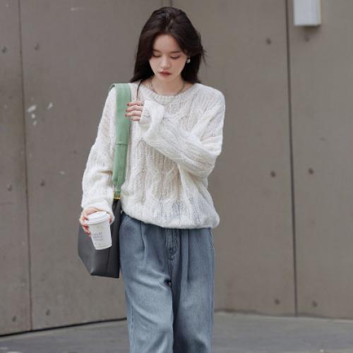 【时尚绞花】秋季简约圆领时尚绞花百搭宽松长袖套头线衫