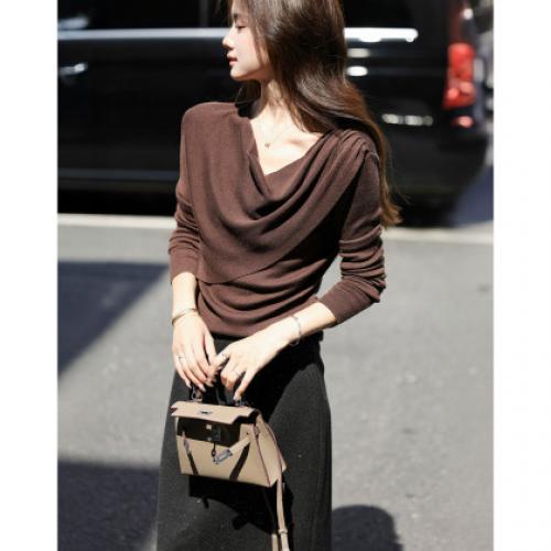 【慵懒序章】秋季法式复古褶皱荡领线衫修身含绵羊毛针织衫女上衣