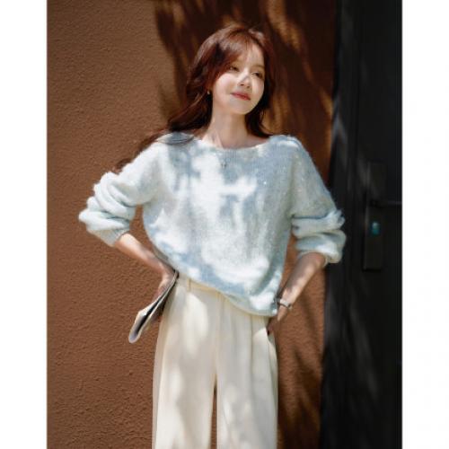 【含蓬松绵羊毛】秋季气质亮片圆领线衫慵懒软糯遮肉针织衫女上衣