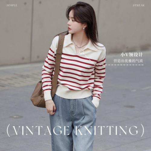 【经典复古条纹】秋POLO领慵懒软糯百搭套头针织上衣