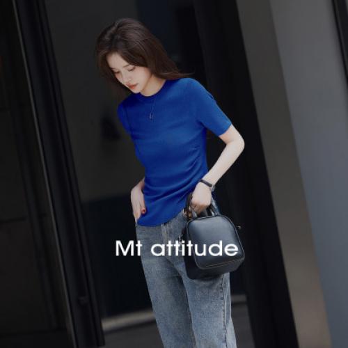 【百搭圆领】夏季时尚别致打褶纯色短袖针织T恤女