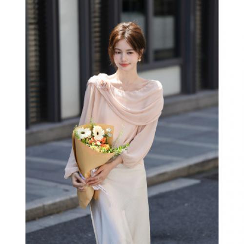 【温柔印象派】秋季气质名媛斜荡领衬衫花朵装饰轻薄衬衣女装上衣