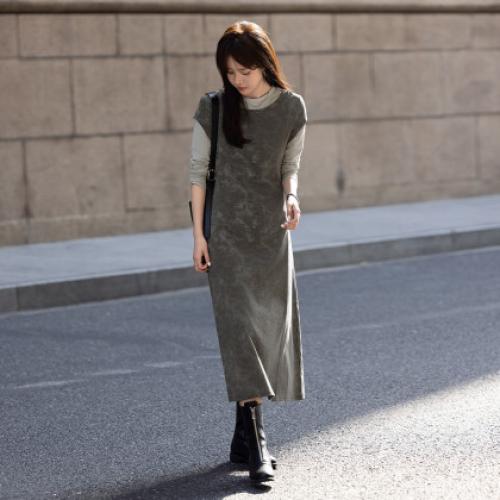 【小众酷飒风】秋款  弹力罗纹假两件扎染设计圆领长袖连衣裙