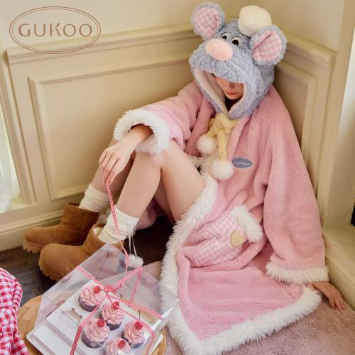 Gukoo/果壳睡袍女冬季毛绒保暖新款料理鼠王联名女士家居服套装D