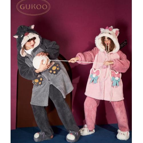 Gukoo/果壳情侣睡衣秋冬玛丽猫珊瑚绒男士家居服冬睡衣女冬套装D