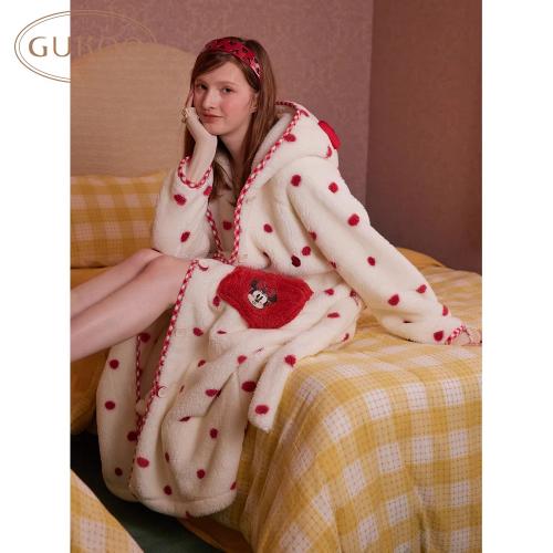 Gukoo/果壳睡袍女冬季珊瑚绒保暖新款迪士尼联名波点家居服睡袍D