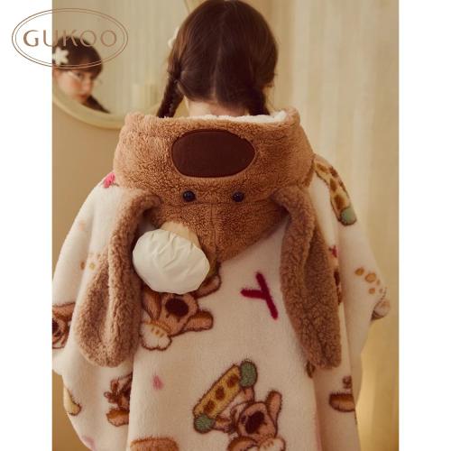 Gukoo/果壳女士睡袍冬季珊瑚绒保暖新款可爱大鼻子狗家居服睡袍D