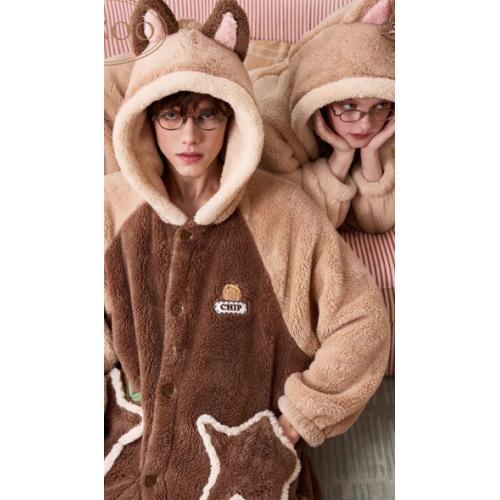 Gukoo/果壳情侣睡衣奇奇蒂蒂秋冬新款睡衣女珊瑚绒男家居服套装D