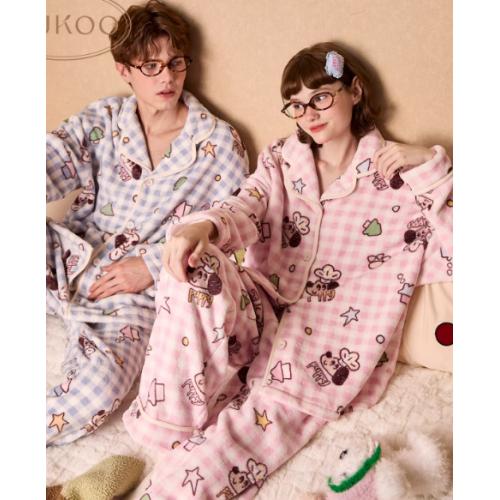 Gukoo/果壳情侣睡衣冬季毛绒保暖新款轰轰小狗满印女家居服套装D