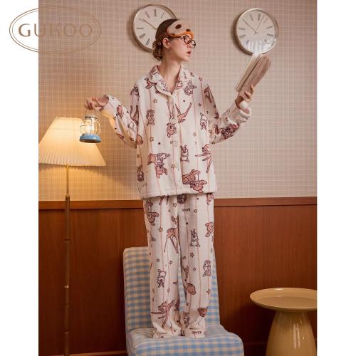 Gukoo/果壳睡衣女冬季小鹿斑比联名新款毛绒保暖女士家居服套装D