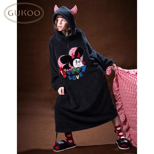 Gukoo/果壳万圣节睡裙毛绒保暖新款轰轰小狗黑色女士家居服套装D