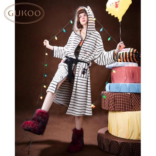 Gukoo/果壳睡袍冬季毛绒保暖新款轰轰小狗条纹女士家居服是睡袍D
