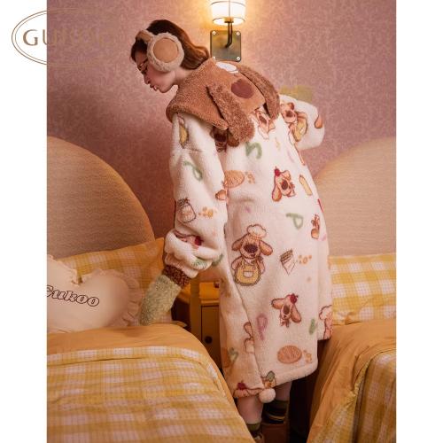 Gukoo/果壳睡裙冬季珊瑚绒保暖新款可爱大鼻子狗女士家居服睡裙D