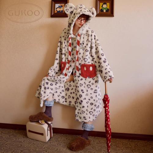Gukoo/果壳睡袍冬季毛绒保暖新款迪士尼联名豹纹女士家居服睡袍D