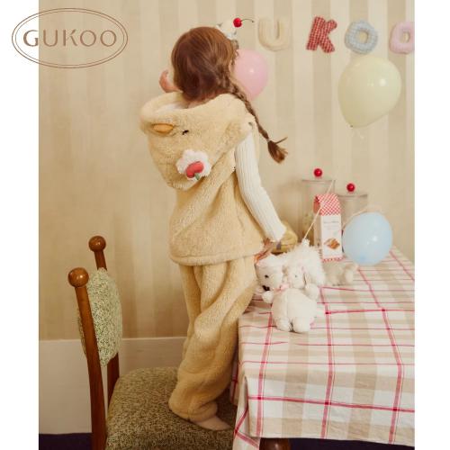 Gukoo/果壳儿童睡衣冬季珊瑚绒保暖新款可爱小黄鸭家居服套装D