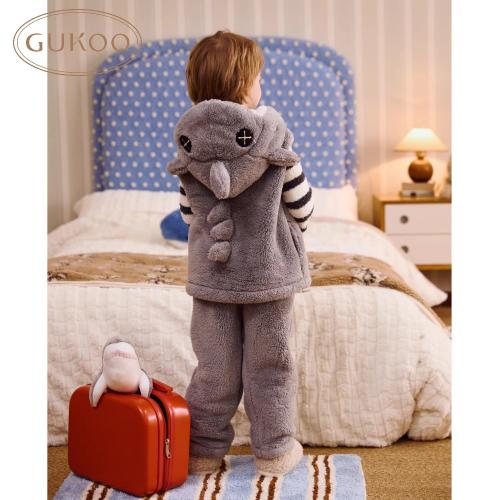 Gukoo/果壳儿童睡衣冬季毛绒保暖新款可爱小鲨鱼男童家居服套装D