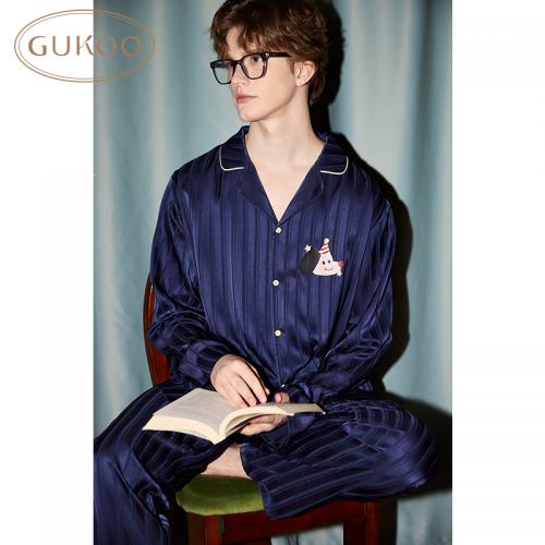 Gukoo/果壳睡衣春秋新款长袖简约休闲男士翻领长裤家居服套装