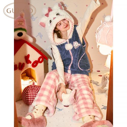 Gukoo/果壳冬季迪士尼玛丽猫卡通联名马甲连帽加厚家居服套装